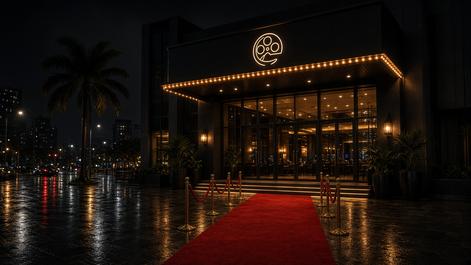 A Lagos cinema exterior at night with warm marquee lights