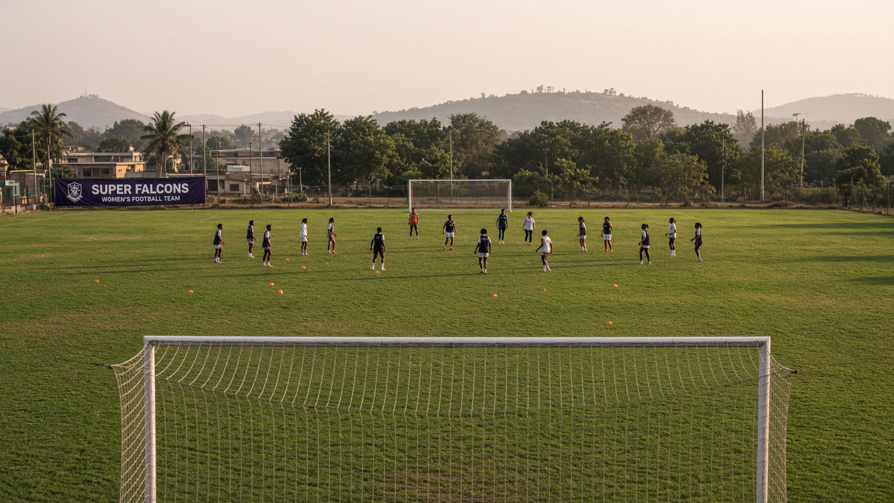 A women's football training session on a green pitch at late afternoon