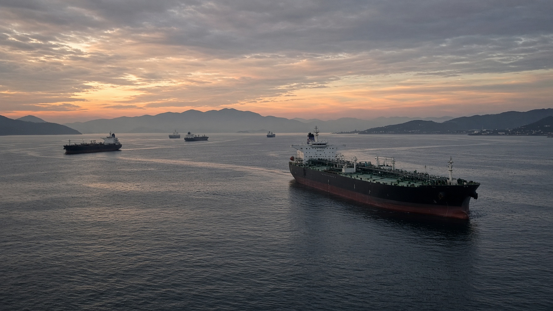 Oil tankers on a wide strait at dusk