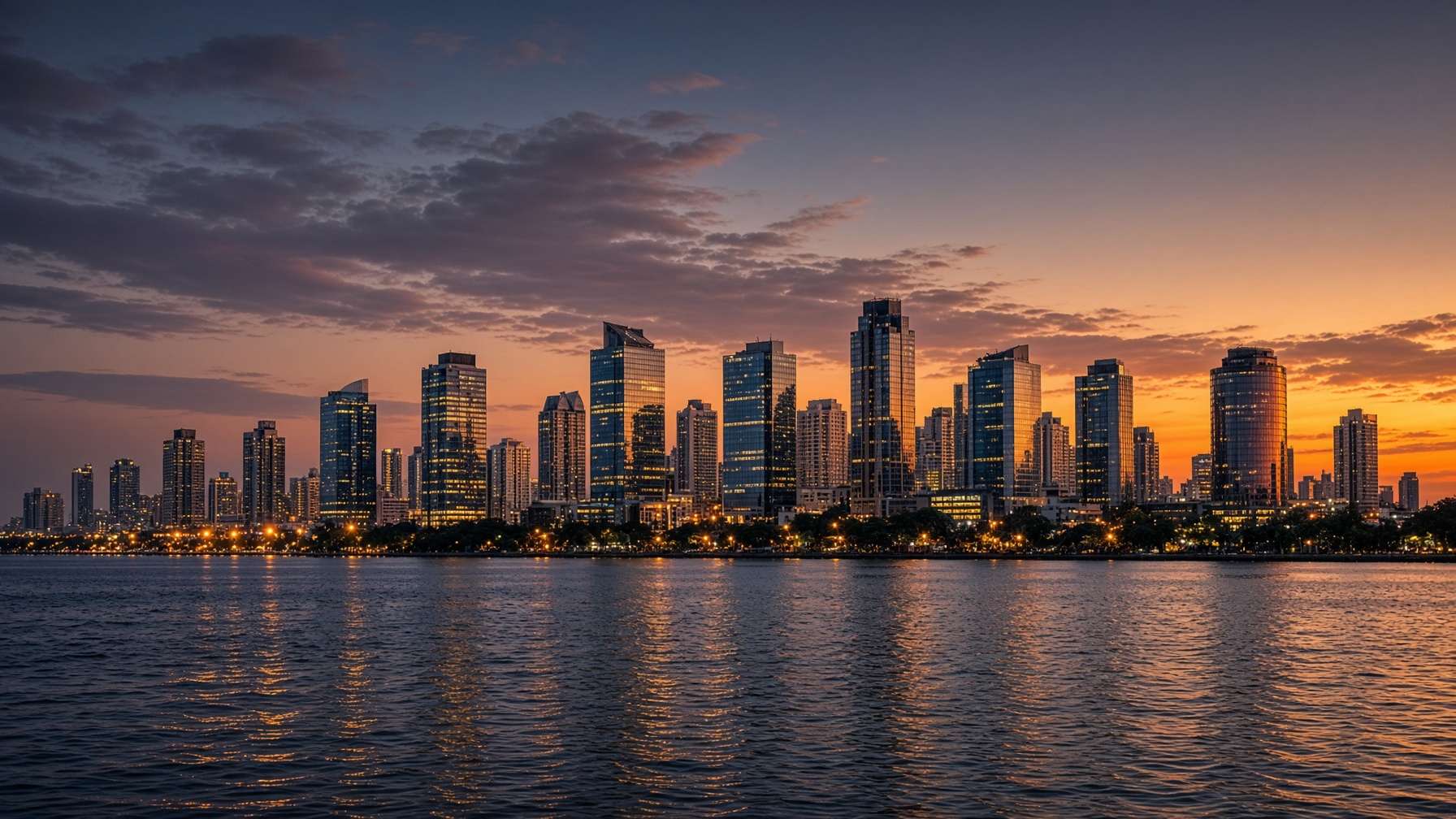 Lagos skyline at dusk across the lagoon