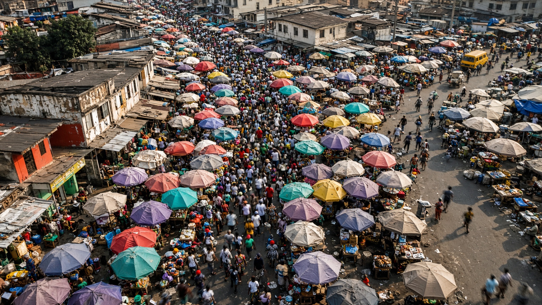 High-angle view of a dense Lagos street market