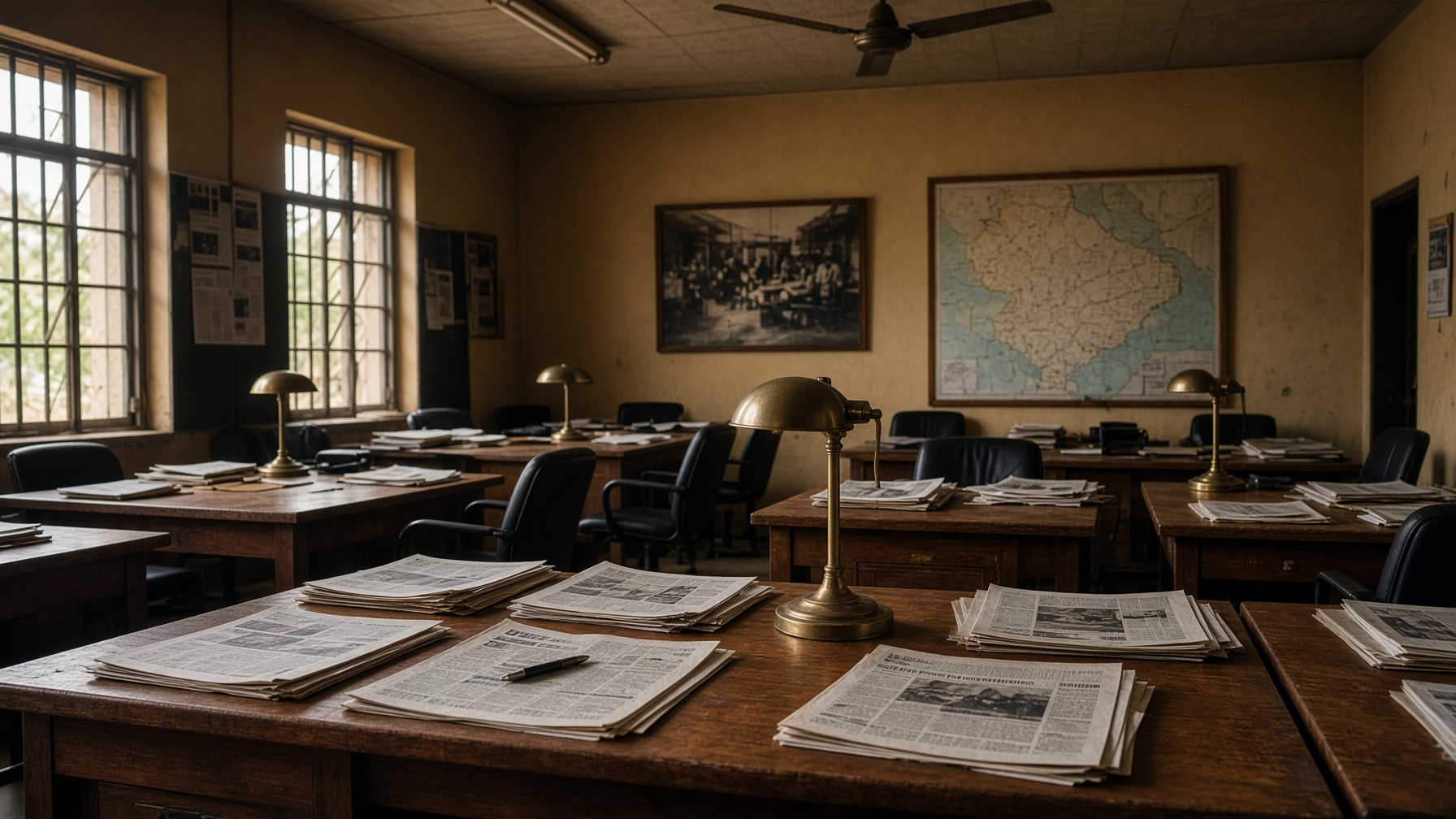 A newspaper newsroom with wooden desks and brass lamps