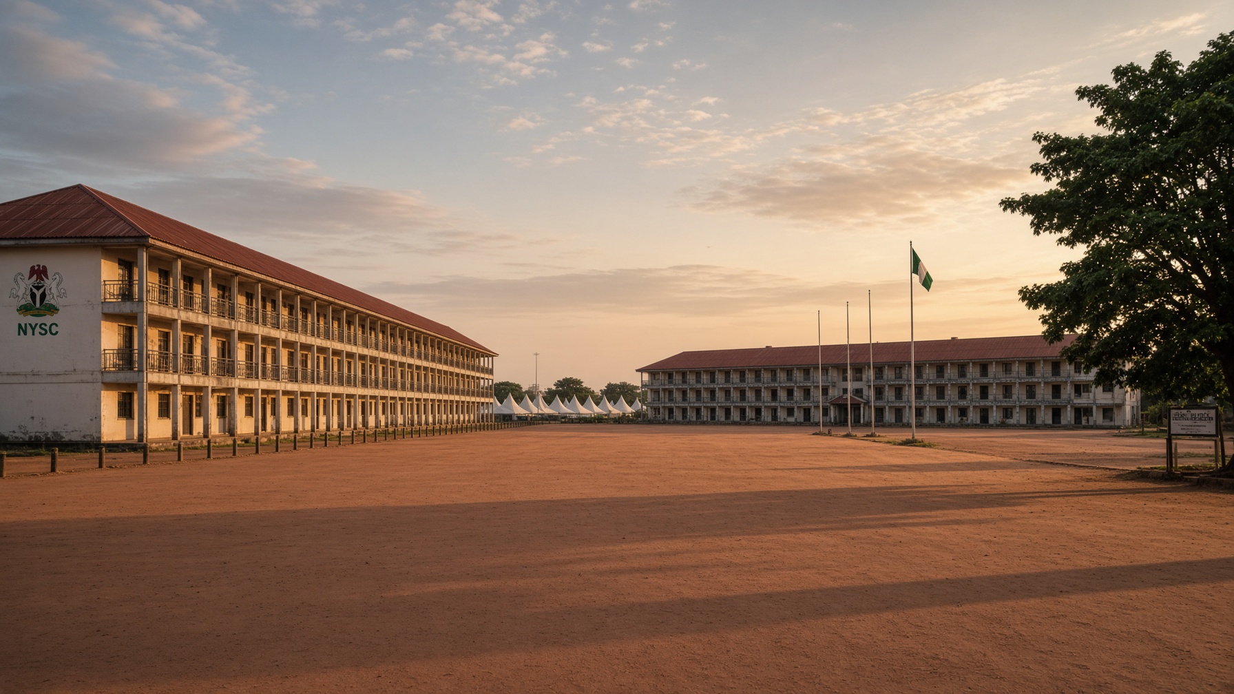 An empty NYSC orientation camp at golden hour