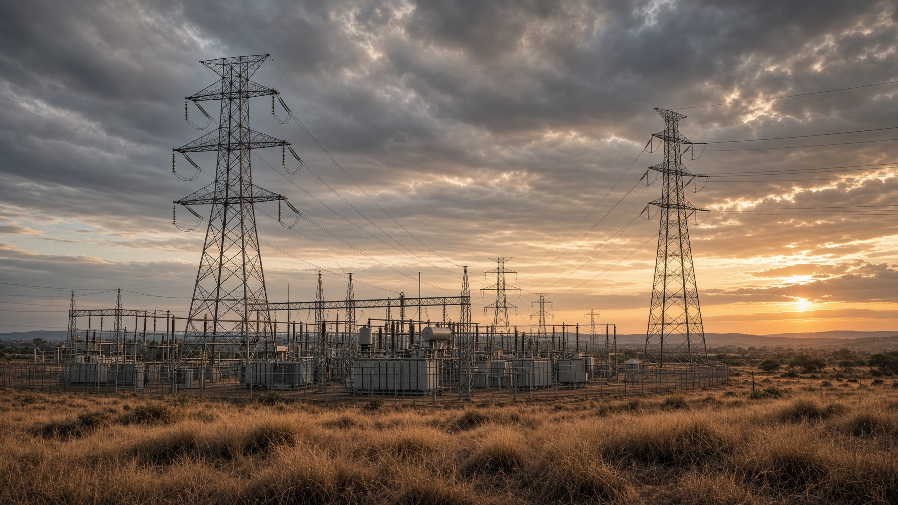 High-voltage transmission towers across a West African landscape