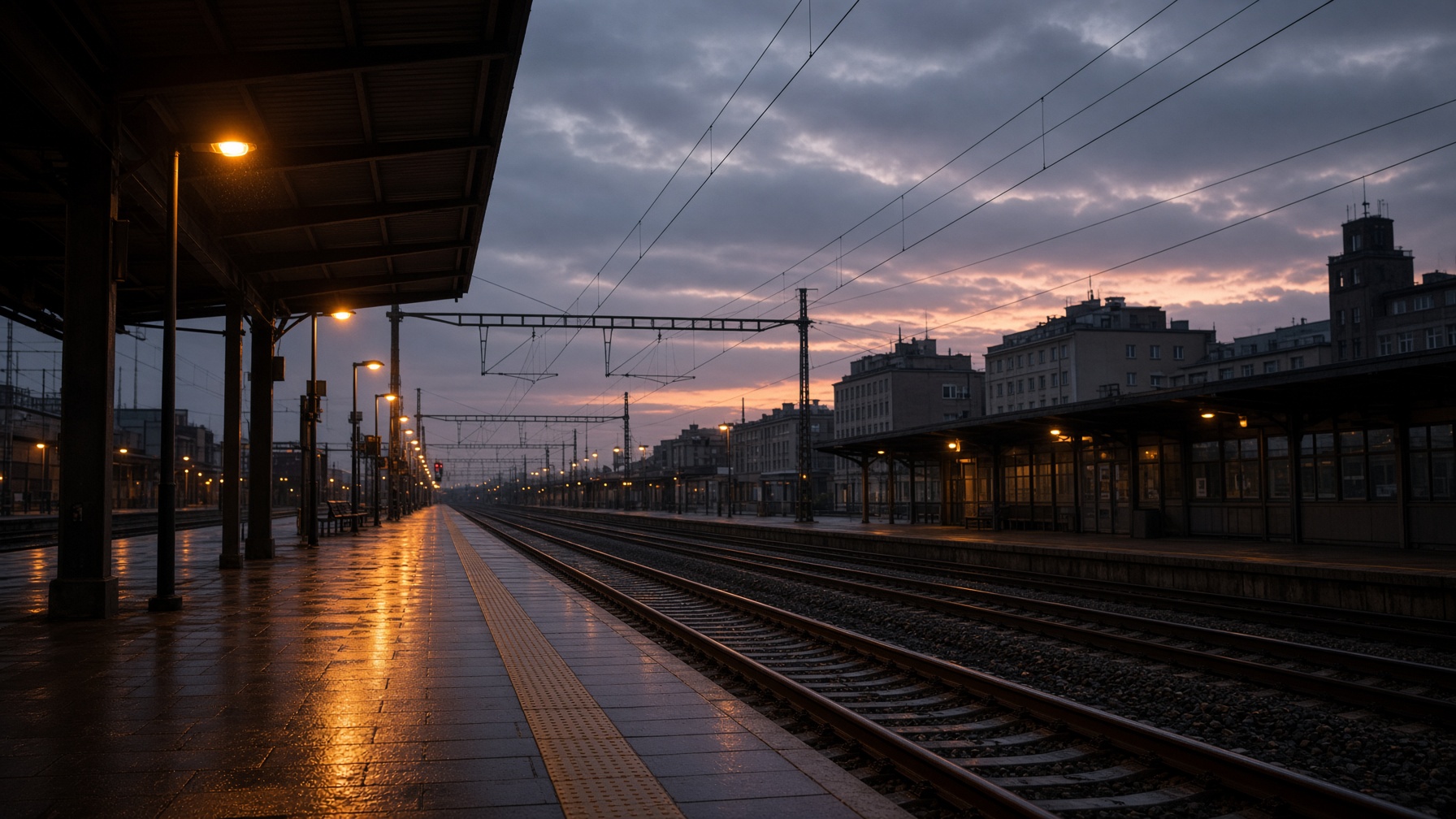 A railway station platform at dusk